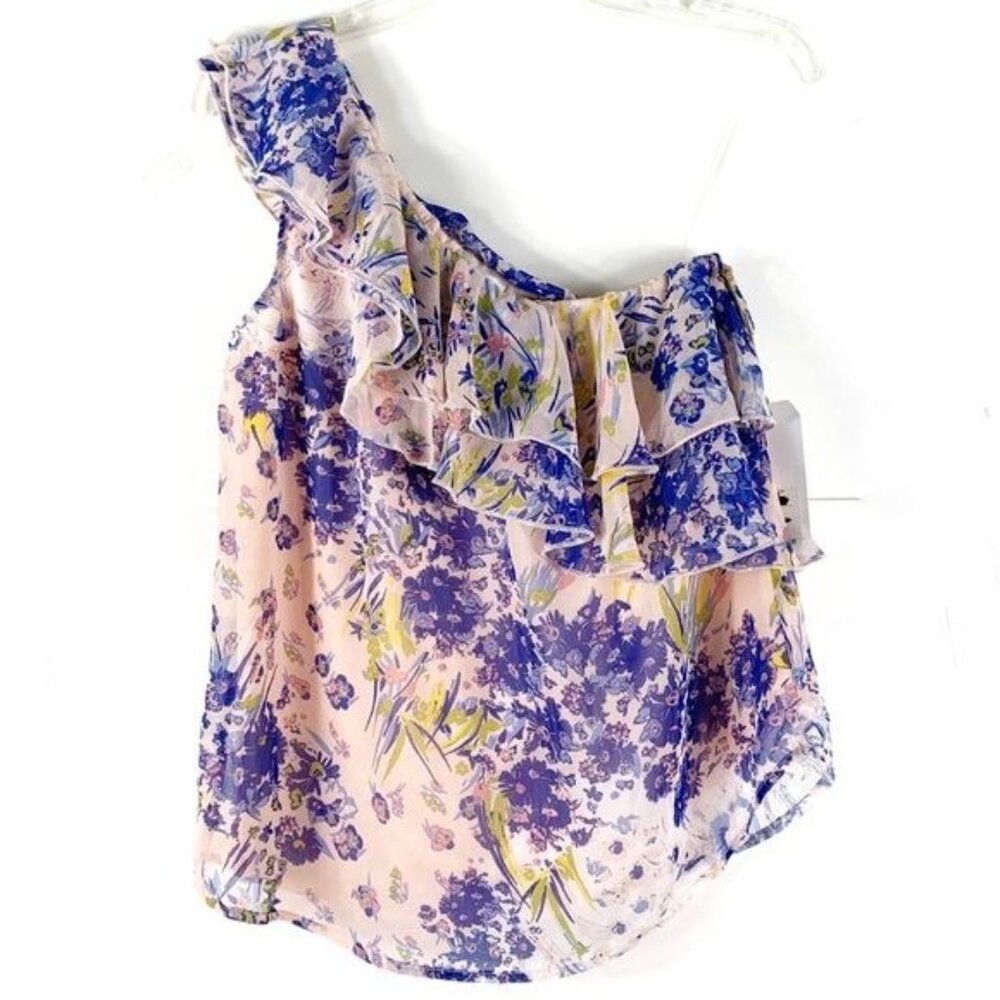 Leith Single Shoulder Ruffled Floral Lined Top Pullover Size Small Cottage Beach